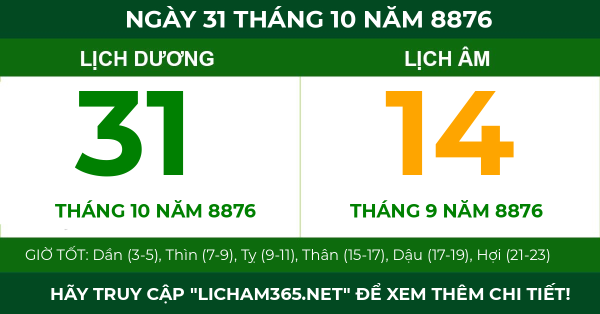lịch âm ngày 31 tháng 10 năm 8876
