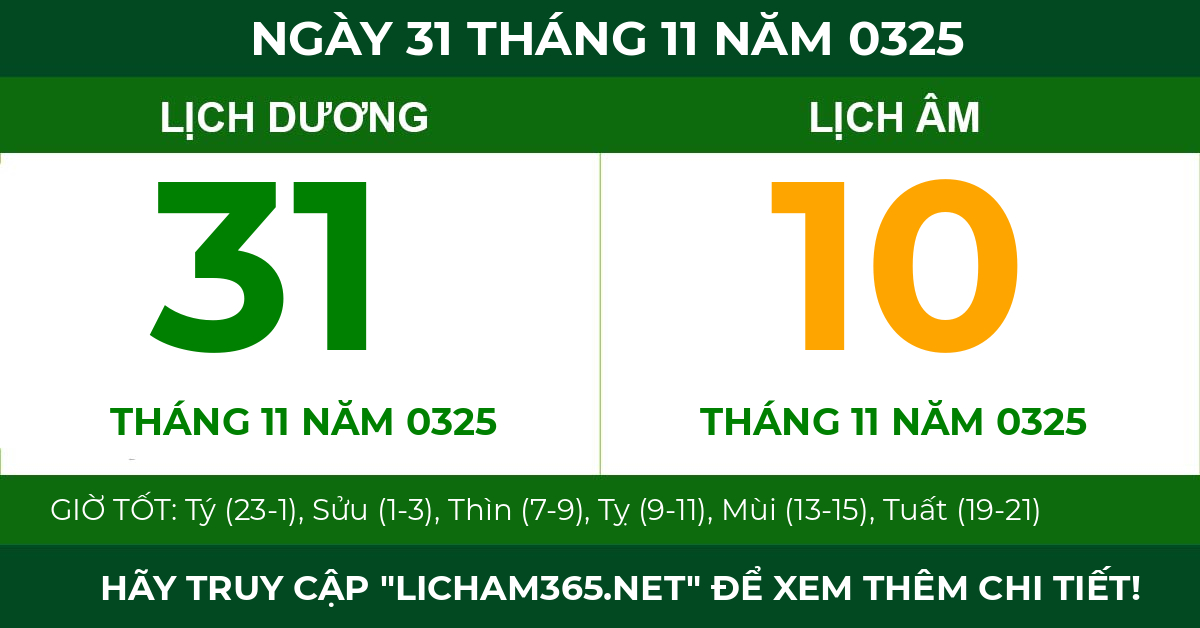 lịch âm ngày 31 tháng 11 năm 0325