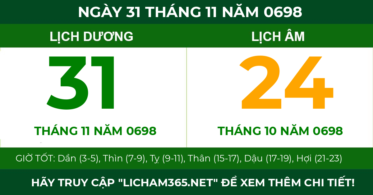 lịch âm ngày 31 tháng 11 năm 0698