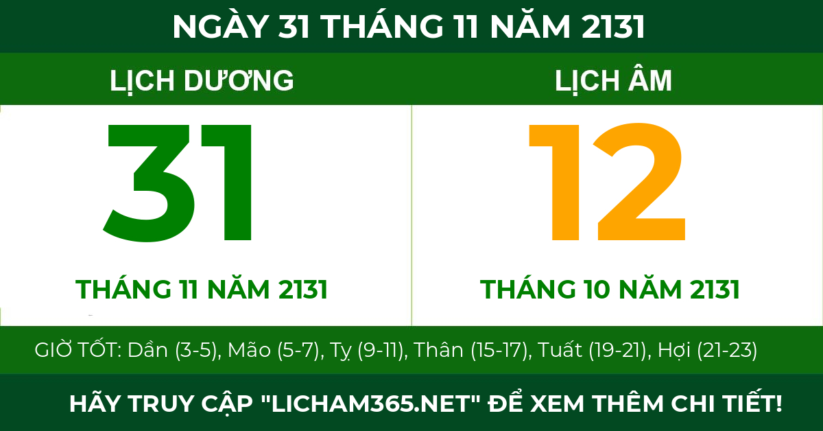 lịch âm ngày 31 tháng 11 năm 2131