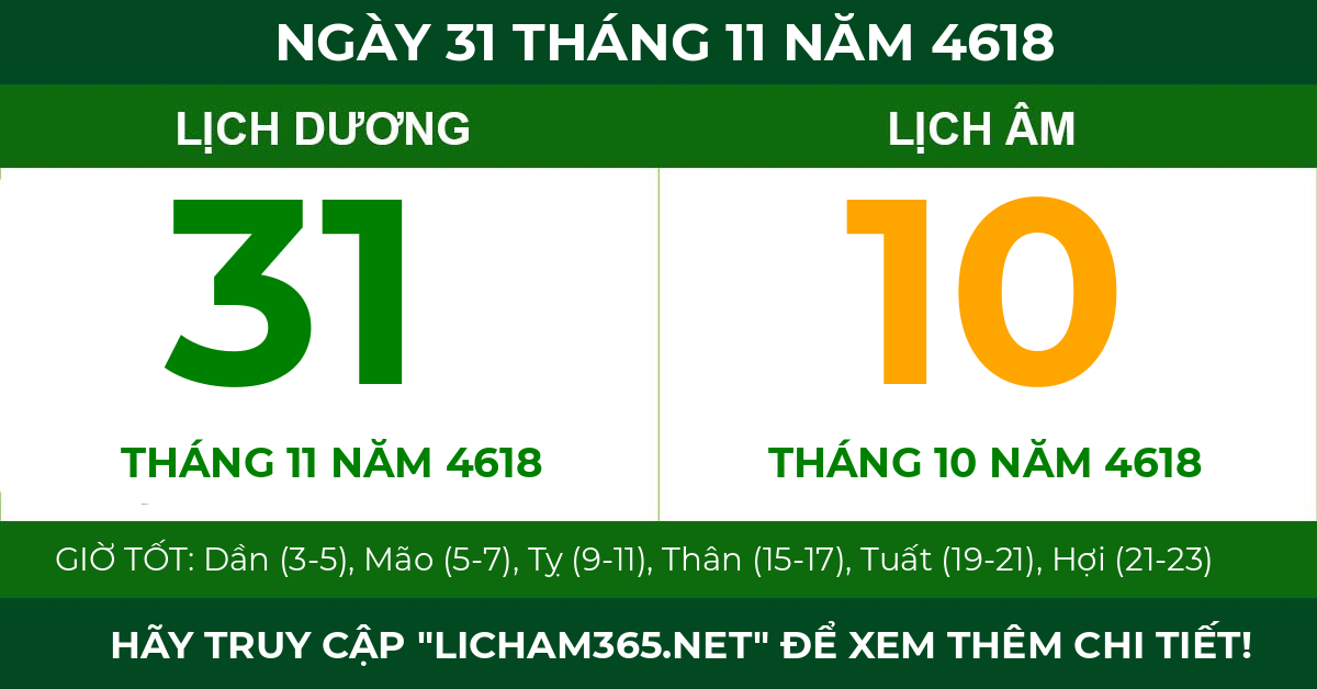 lịch âm ngày 31 tháng 11 năm 4618