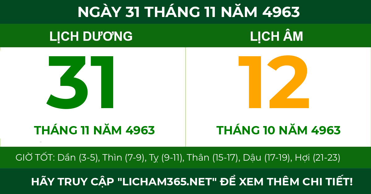 lịch âm ngày 31 tháng 11 năm 4963