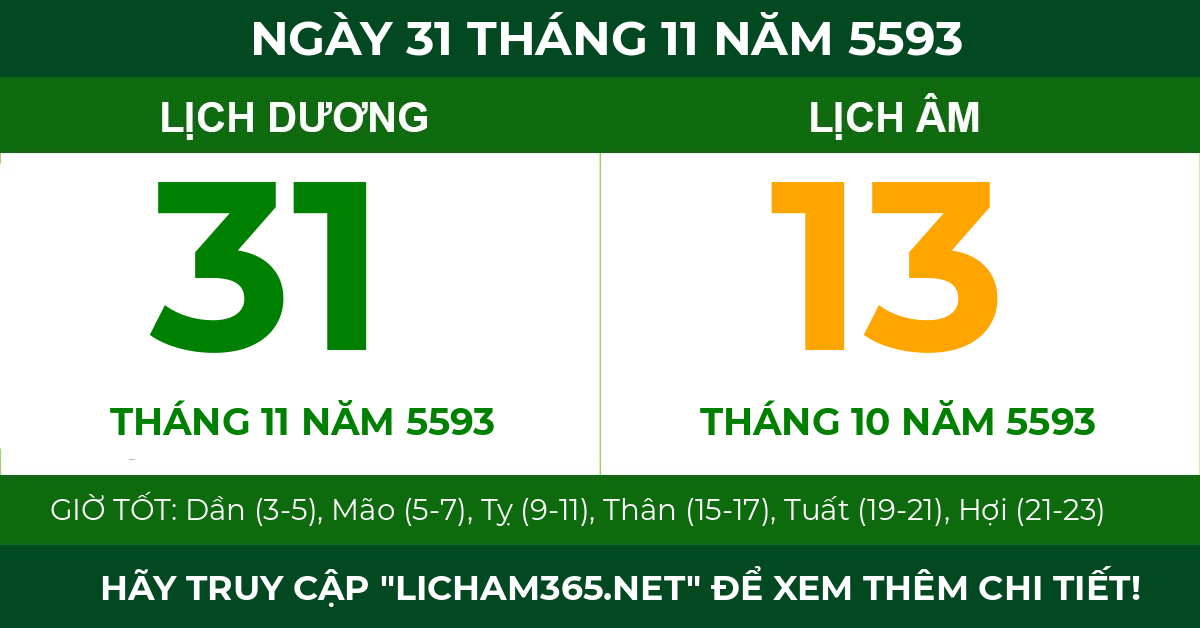 lịch âm ngày 31 tháng 11 năm 5593