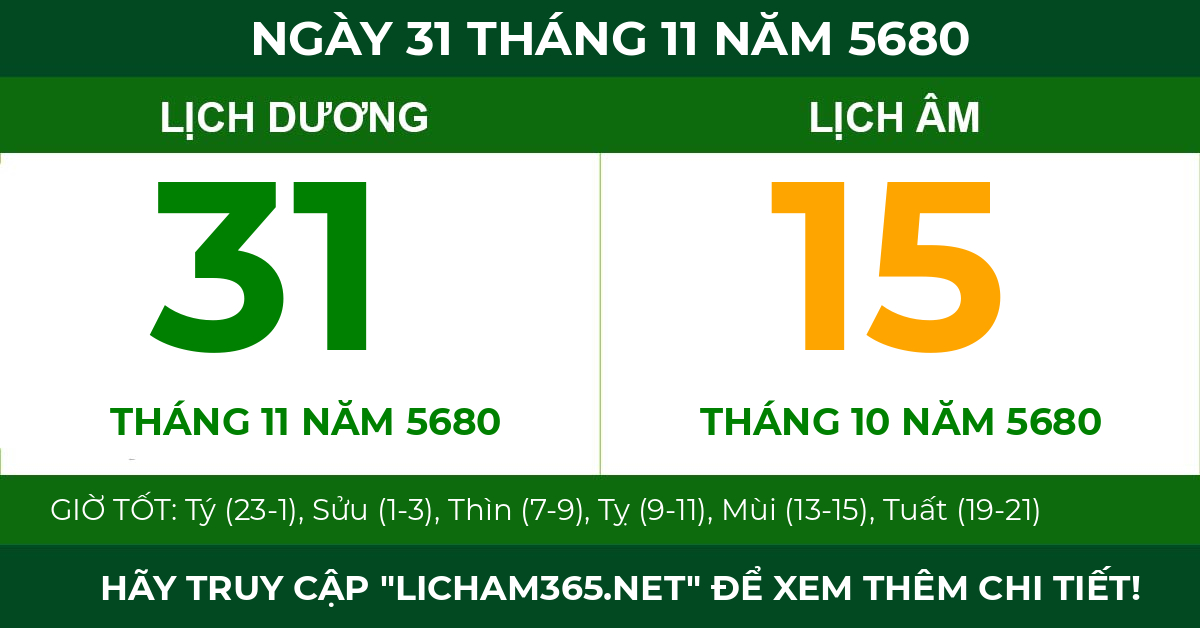 lịch âm ngày 31 tháng 11 năm 5680