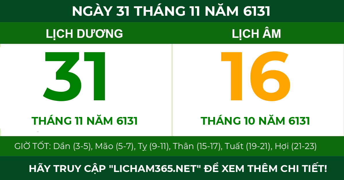 lịch âm ngày 31 tháng 11 năm 6131