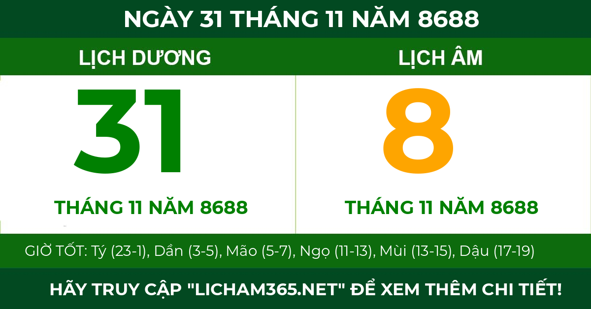 lịch âm ngày 31 tháng 11 năm 8688