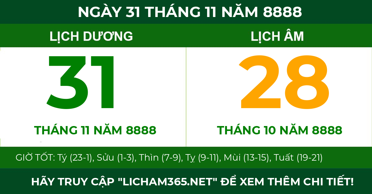 lịch âm ngày 31 tháng 11 năm 8888