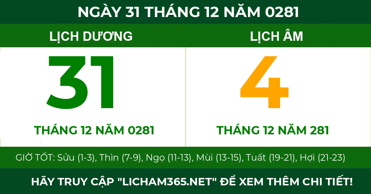lịch âm ngày 31 tháng 12 năm 0281