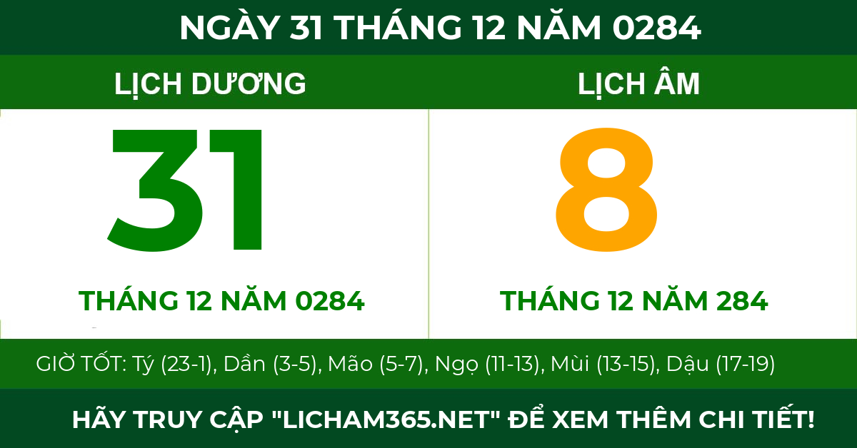 lịch âm ngày 31 tháng 12 năm 0284