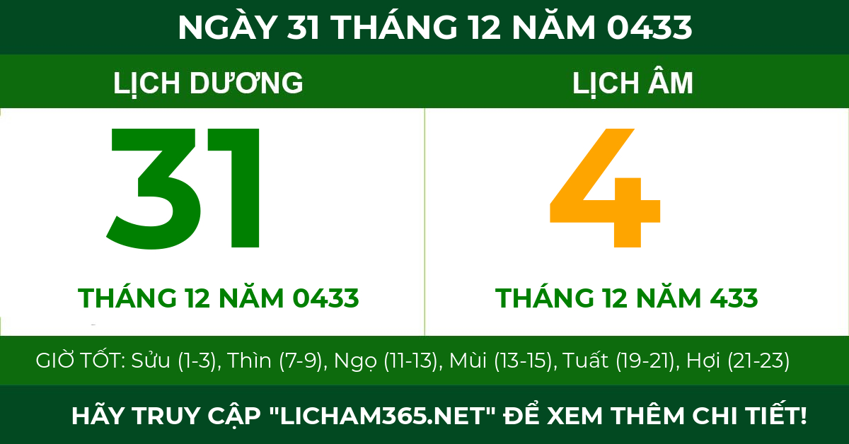 lịch âm ngày 31 tháng 12 năm 0433