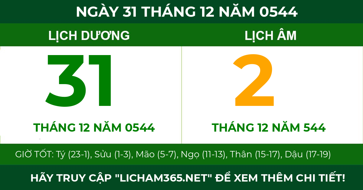lịch âm ngày 31 tháng 12 năm 0544