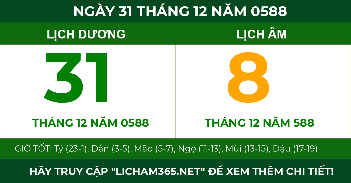 lịch âm ngày 31 tháng 12 năm 0588