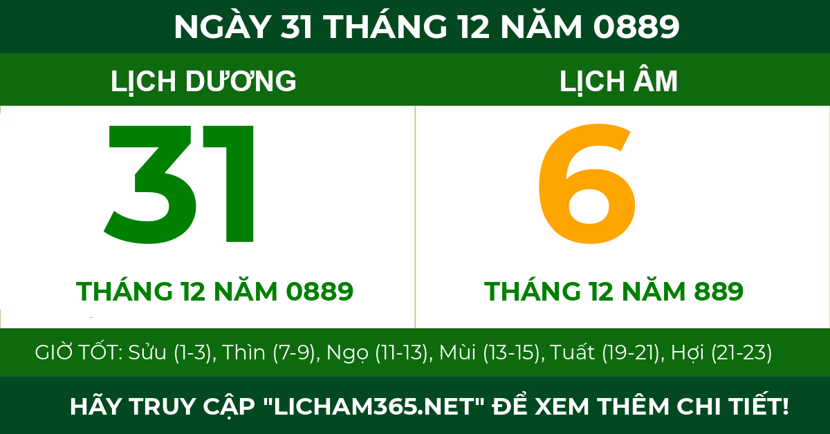 lịch âm ngày 31 tháng 12 năm 0889