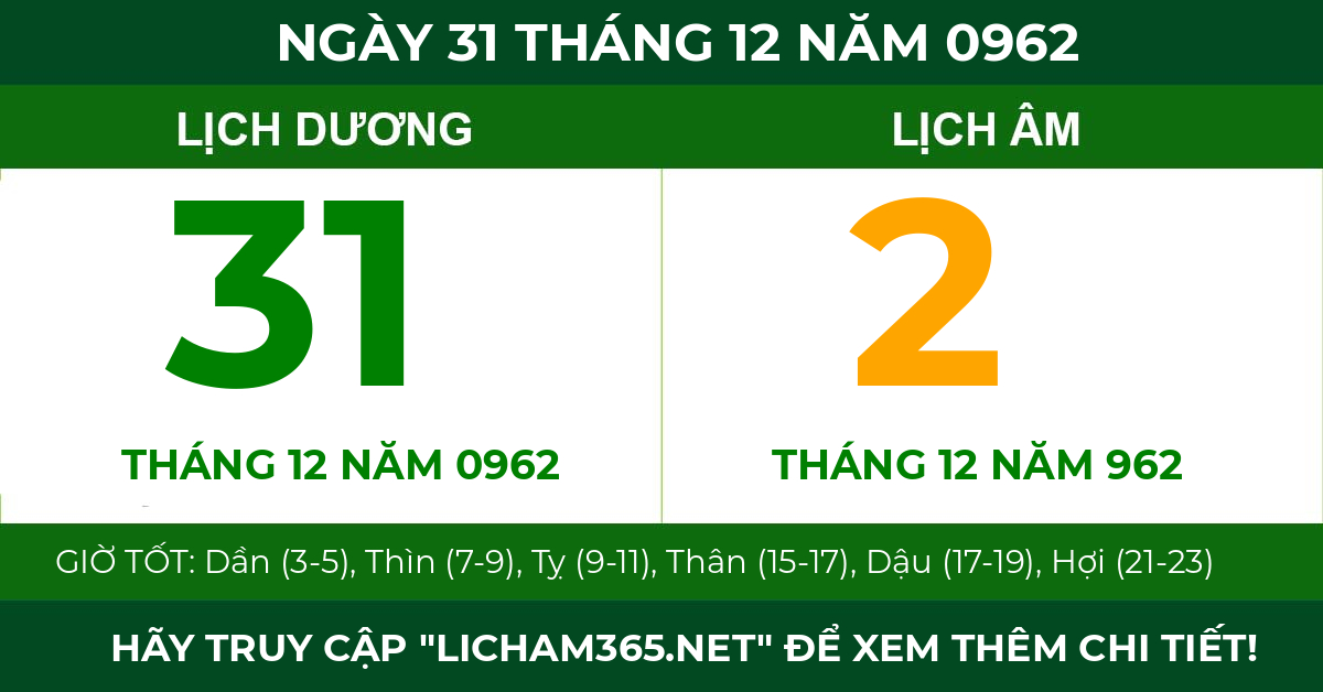 lịch âm ngày 31 tháng 12 năm 0962