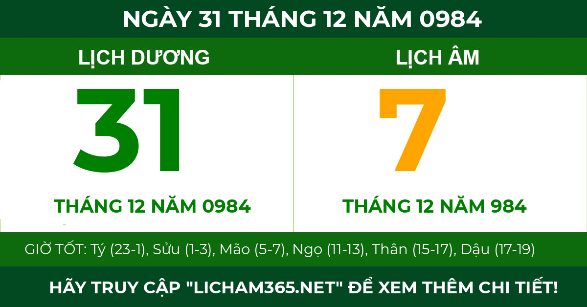 lịch âm ngày 31 tháng 12 năm 0984