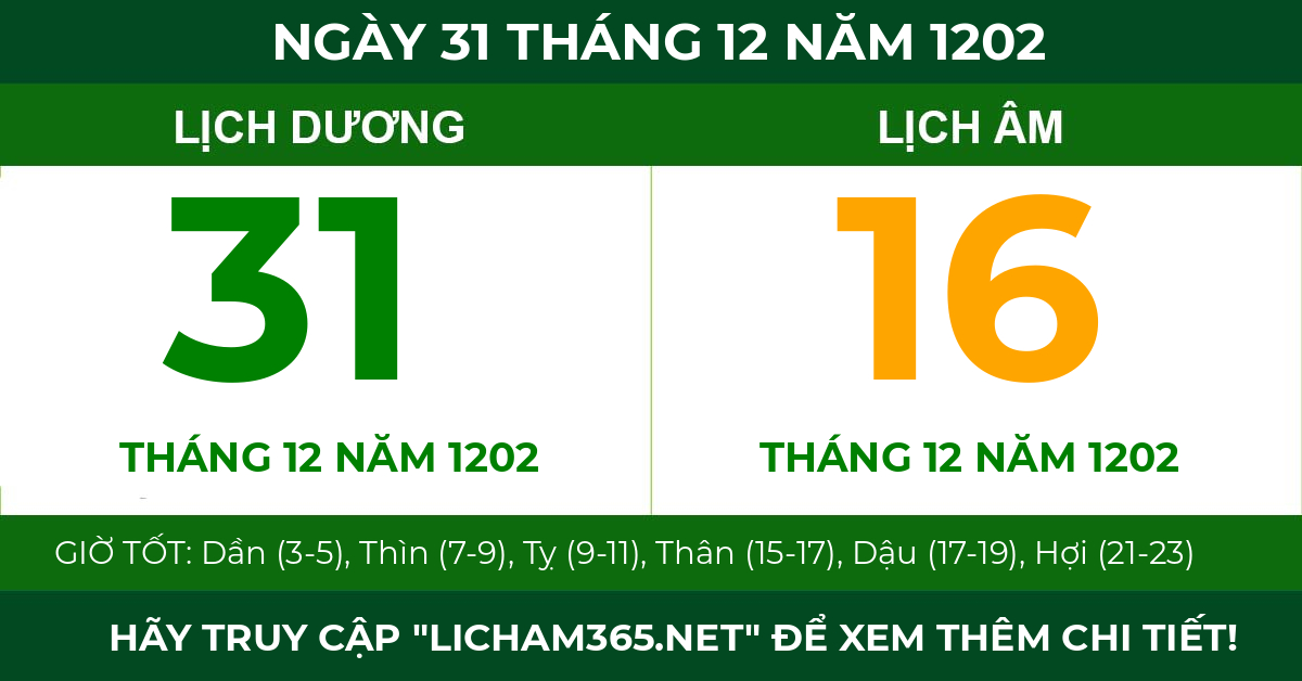 lịch âm ngày 31 tháng 12 năm 1202