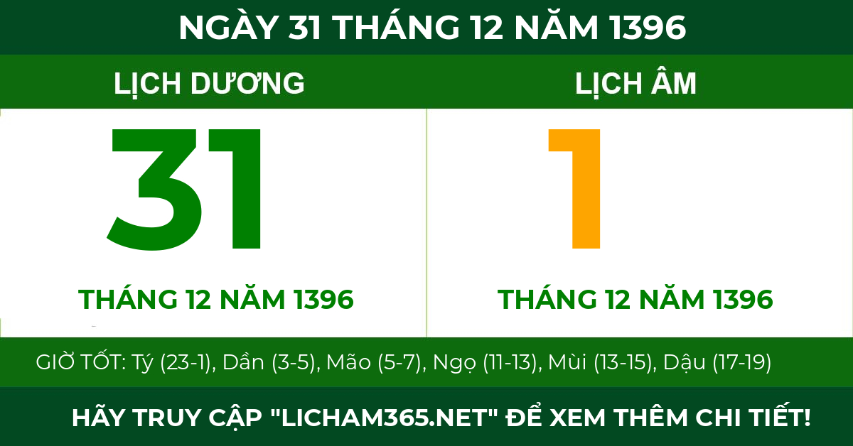 lịch âm ngày 31 tháng 12 năm 1396