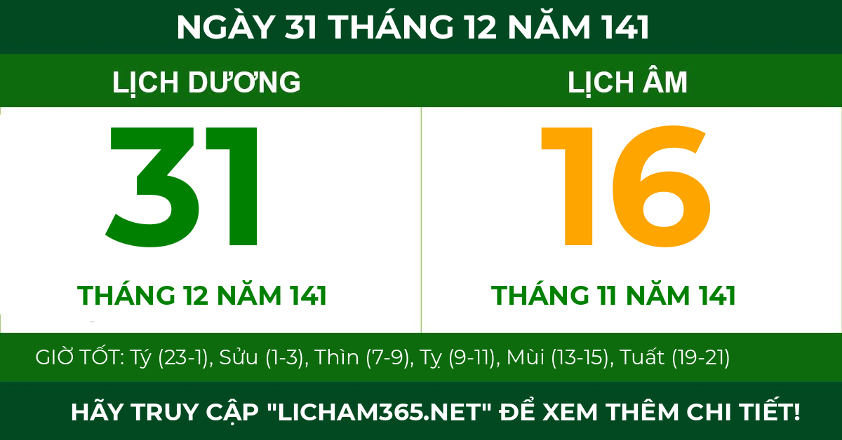 lịch âm ngày 31 tháng 12 năm 141