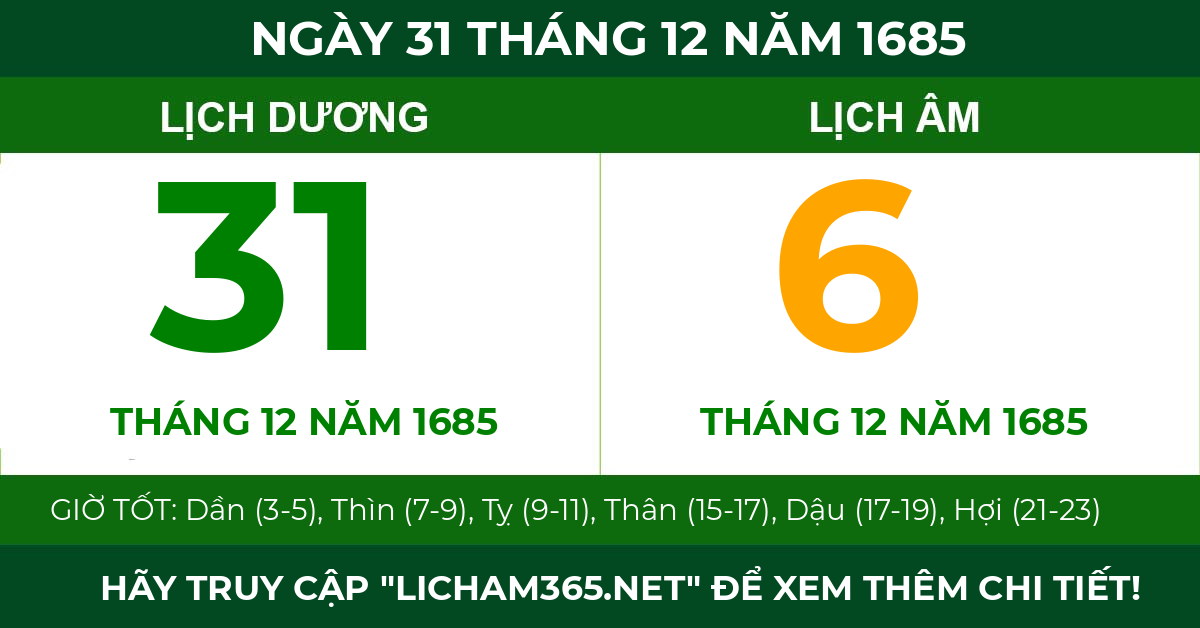 lịch âm ngày 31 tháng 12 năm 1685