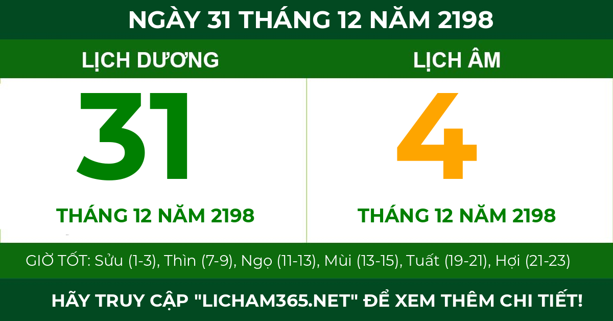 lịch âm ngày 31 tháng 12 năm 2198
