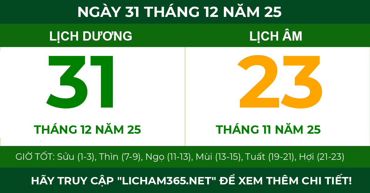 lịch âm ngày 31 tháng 12 năm 25