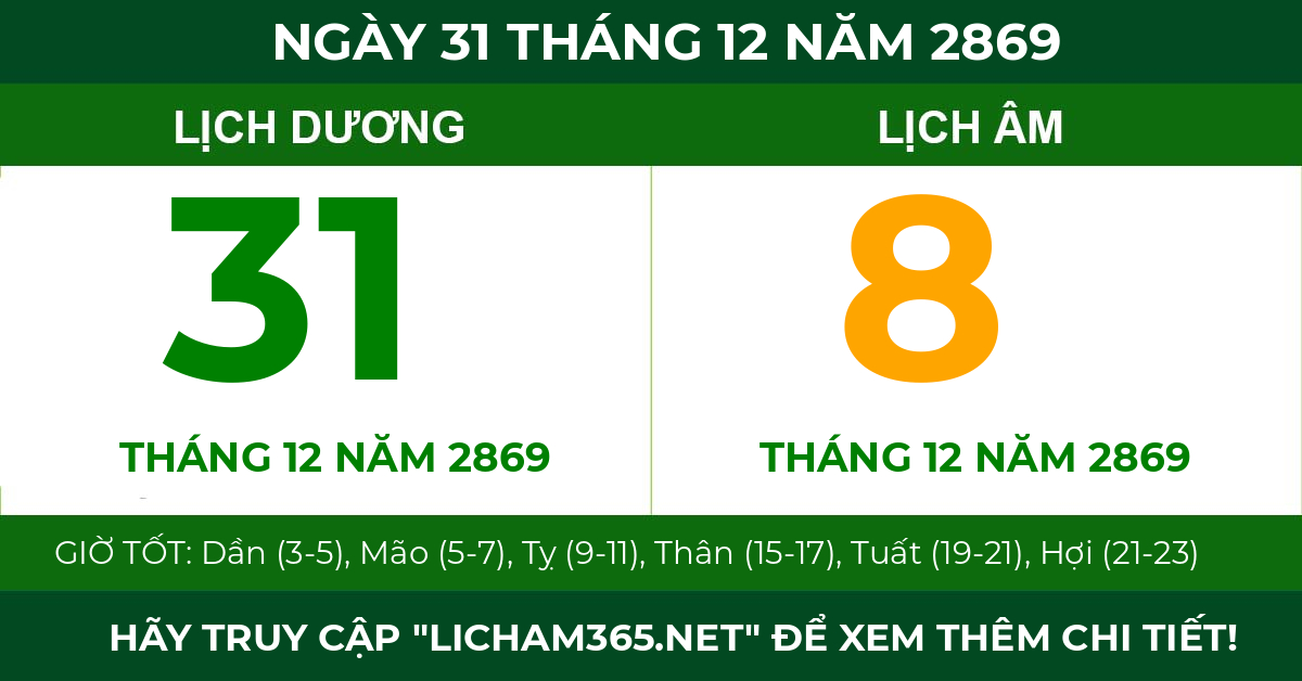 lịch âm ngày 31 tháng 12 năm 2869