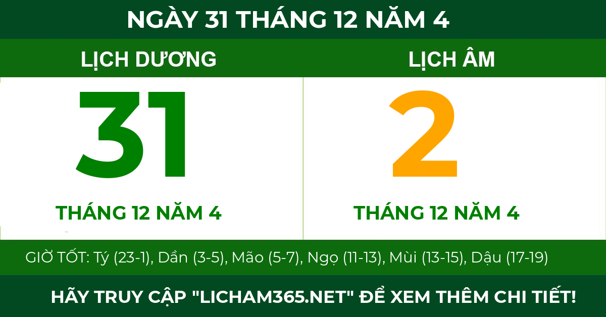 lịch âm ngày 31 tháng 12 năm 4