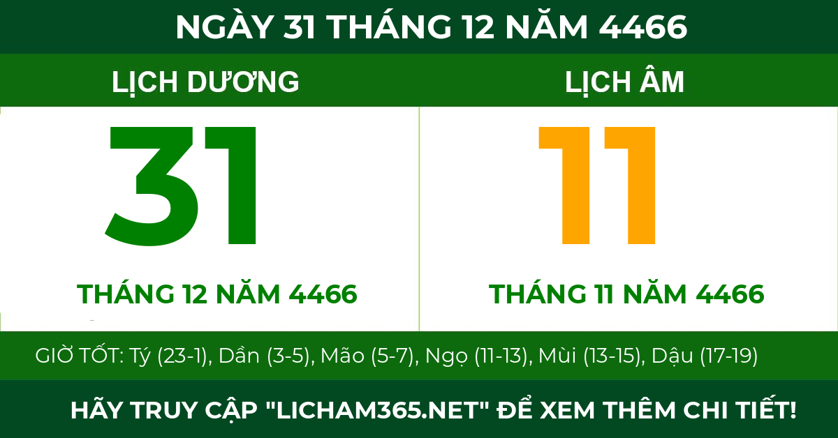 lịch âm ngày 31 tháng 12 năm 4466