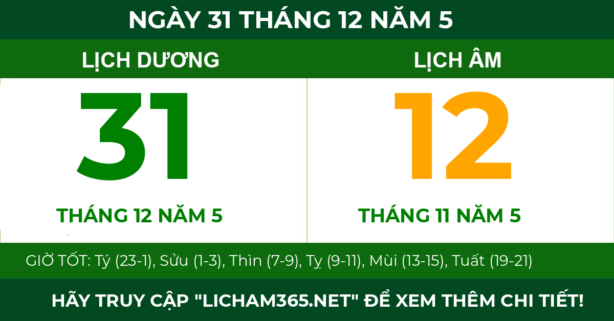 lịch âm ngày 31 tháng 12 năm 5