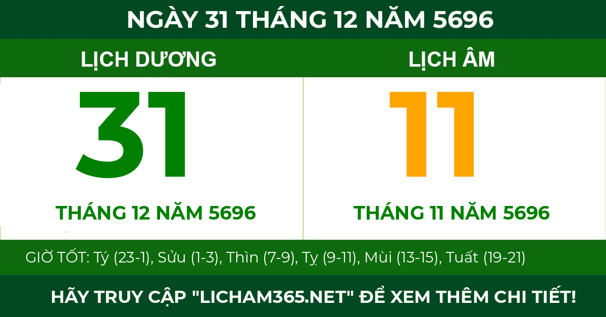 lịch âm ngày 31 tháng 12 năm 5696