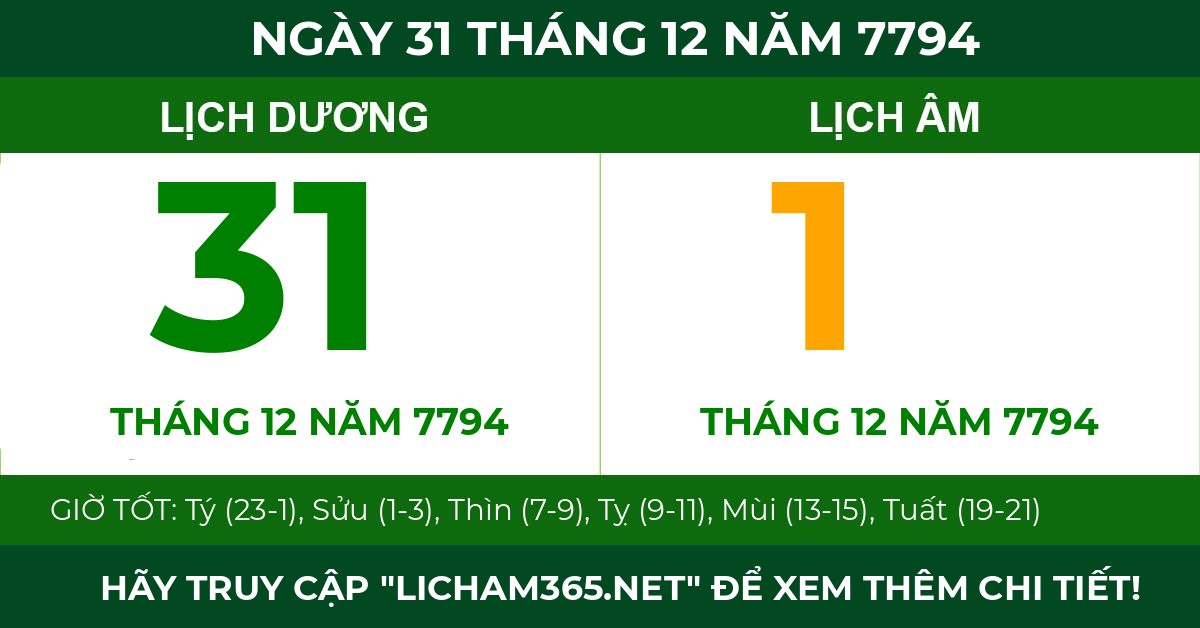 lịch âm ngày 31 tháng 12 năm 7794