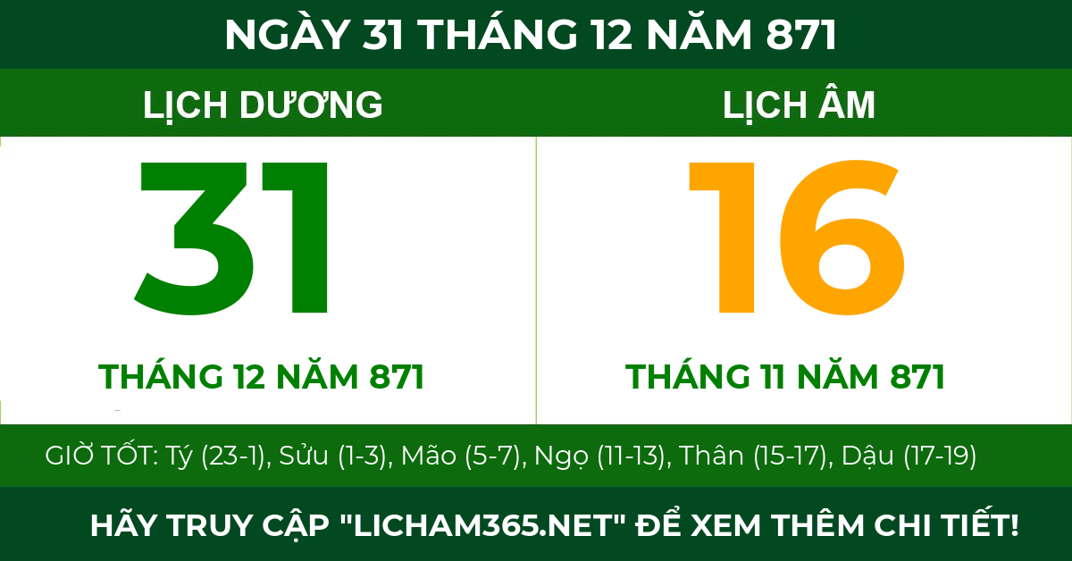 lịch âm ngày 31 tháng 12 năm 871