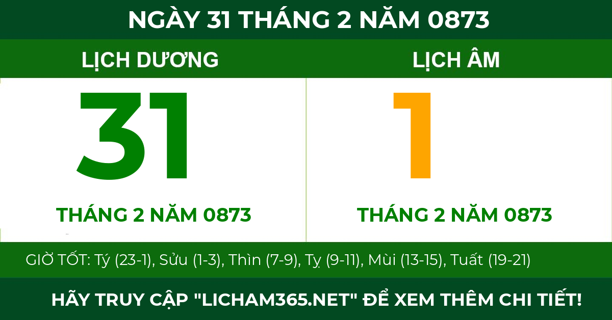 lịch âm ngày 31 tháng 2 năm 0873