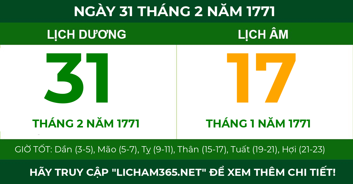 lịch âm ngày 31 tháng 2 năm 1771