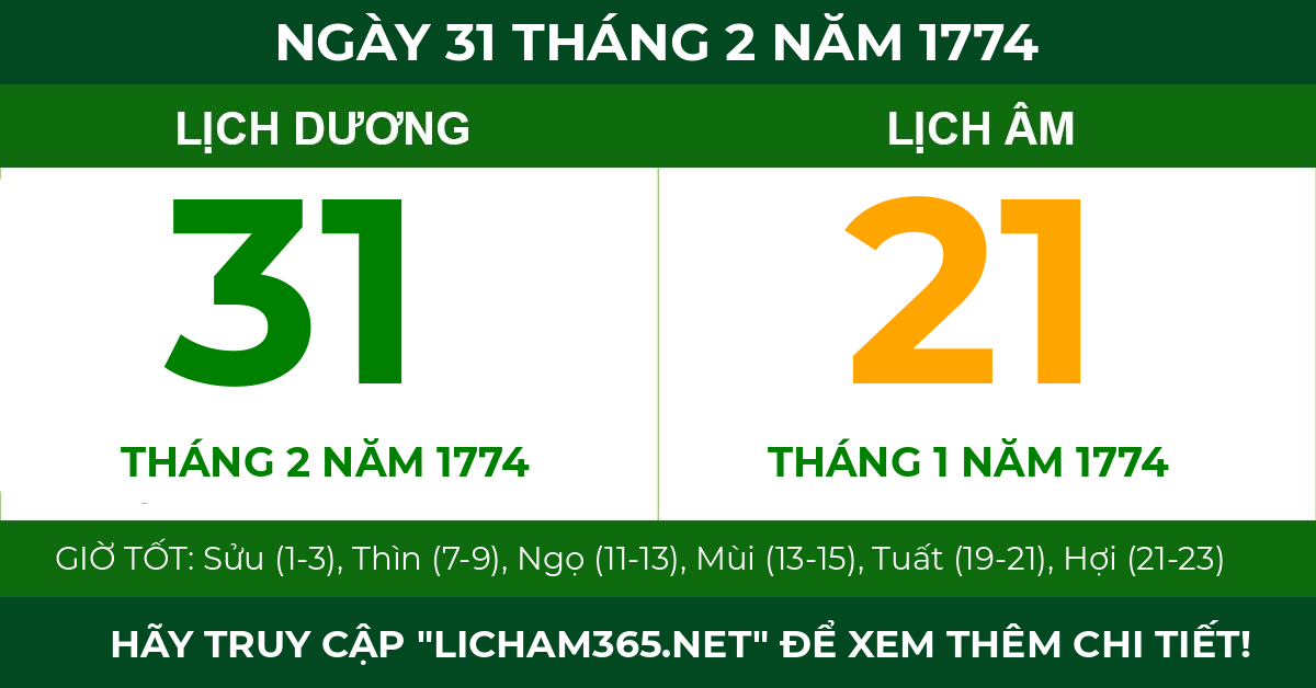 lịch âm ngày 31 tháng 2 năm 1774