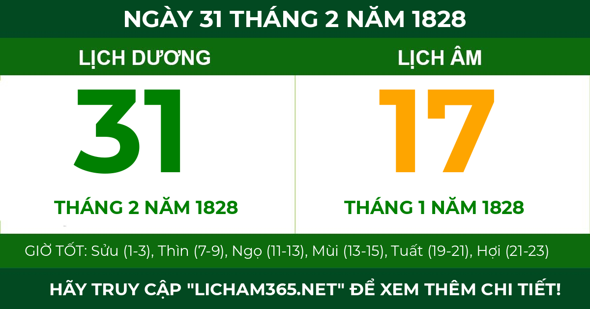 lịch âm ngày 31 tháng 2 năm 1828