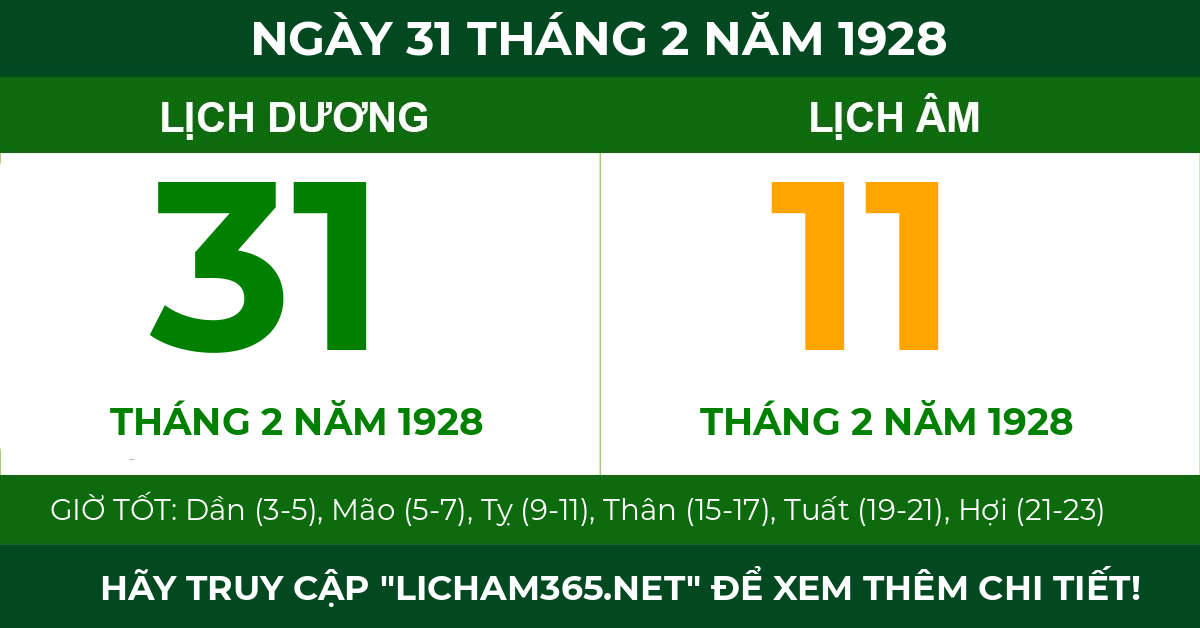 lịch âm ngày 31 tháng 2 năm 1928