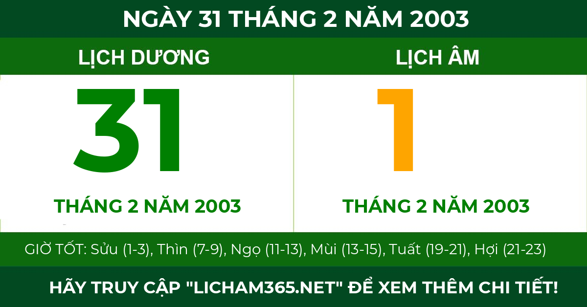 lịch âm ngày 31 tháng 2 năm 2003