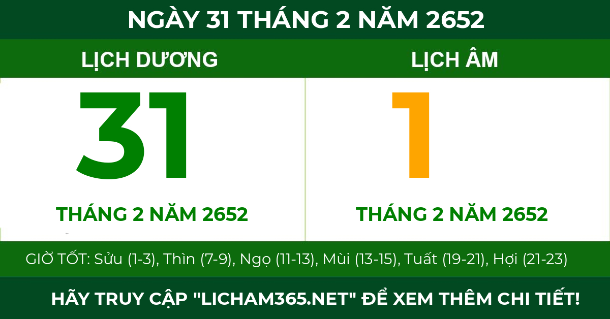 lịch âm ngày 31 tháng 2 năm 2652