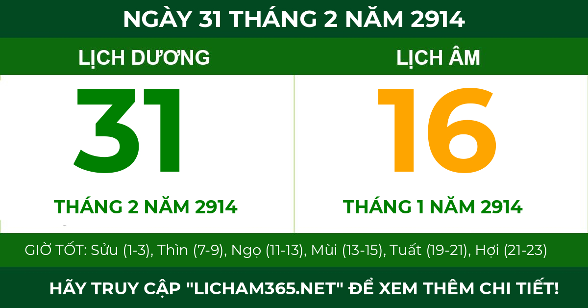 lịch âm ngày 31 tháng 2 năm 2914