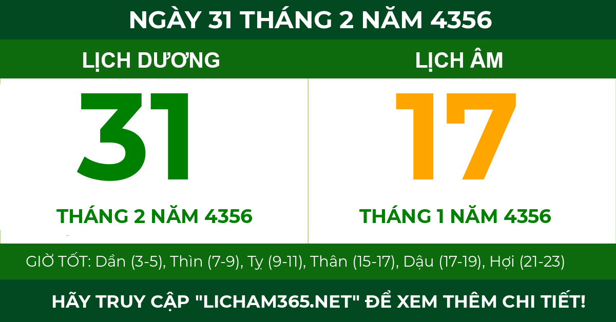 lịch âm ngày 31 tháng 2 năm 4356