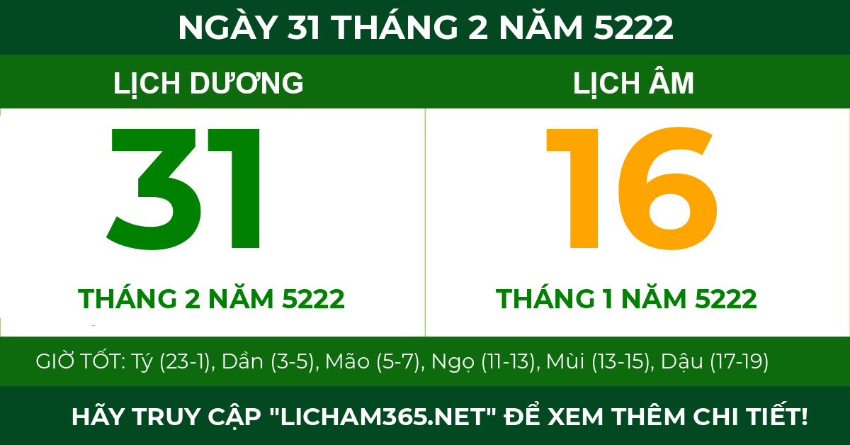 lịch âm ngày 31 tháng 2 năm 5222