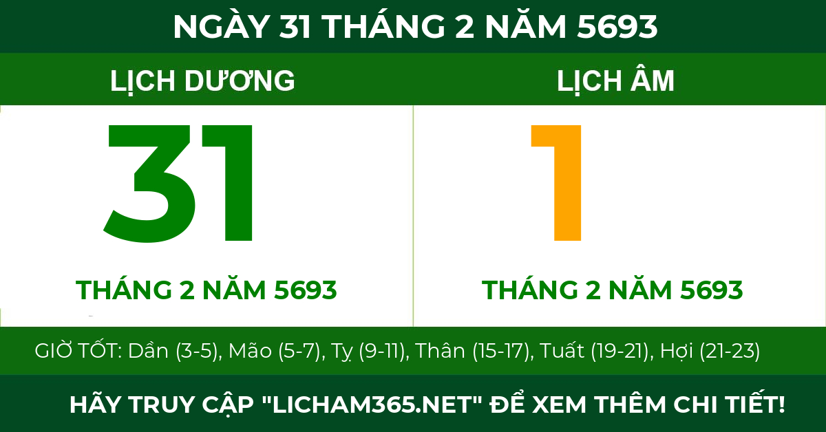lịch âm ngày 31 tháng 2 năm 5693