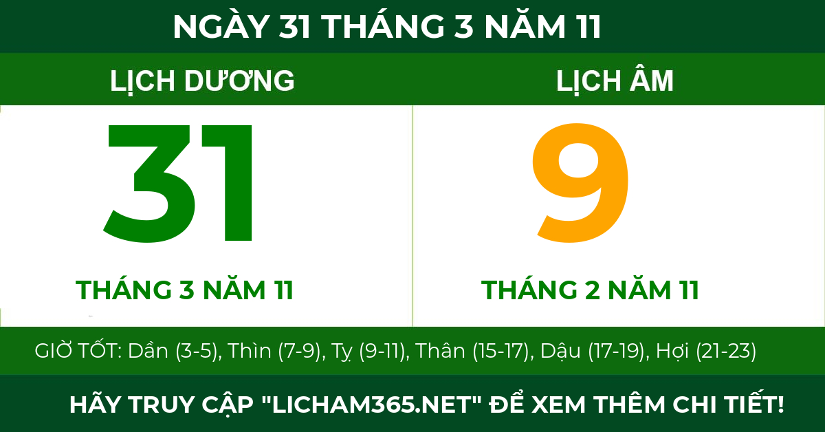 lịch âm ngày 31 tháng 3 năm 11