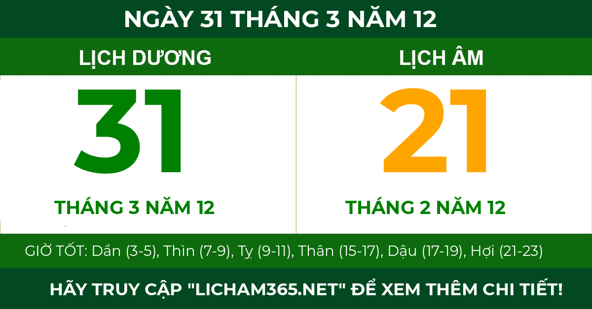 lịch âm ngày 31 tháng 3 năm 12