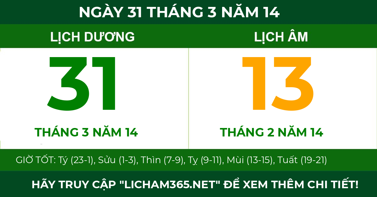 lịch âm ngày 31 tháng 3 năm 14