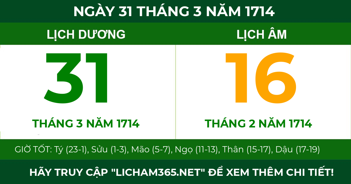 lịch âm ngày 31 tháng 3 năm 1714