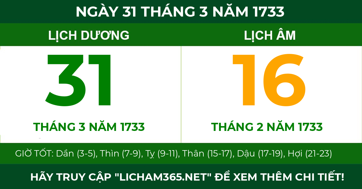 lịch âm ngày 31 tháng 3 năm 1733