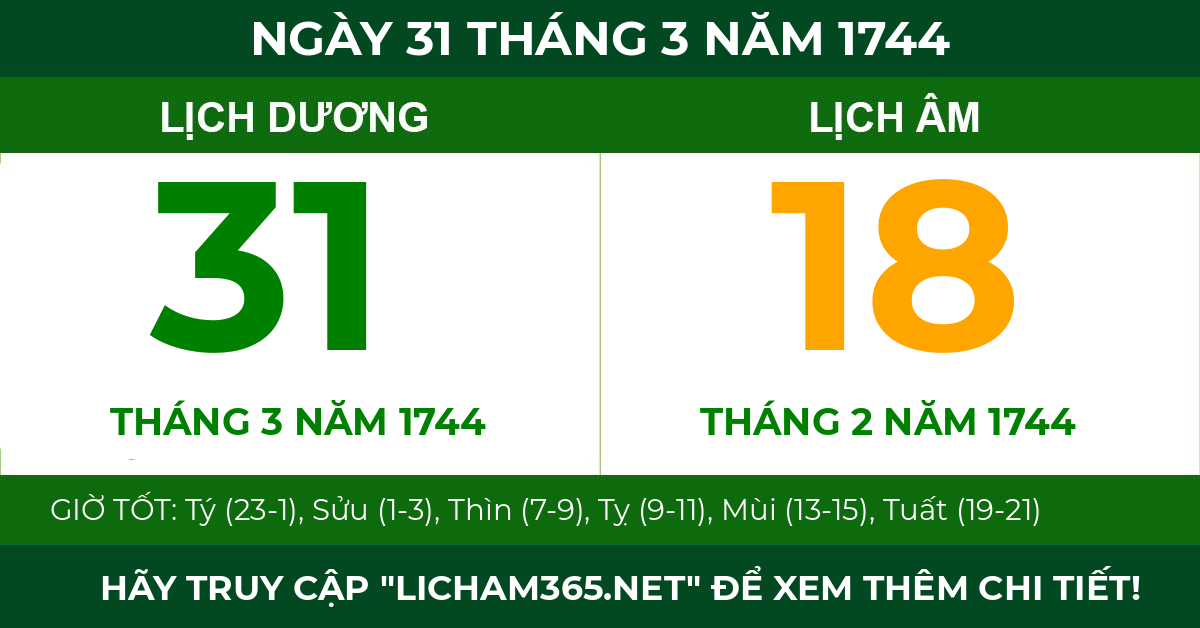 lịch âm ngày 31 tháng 3 năm 1744