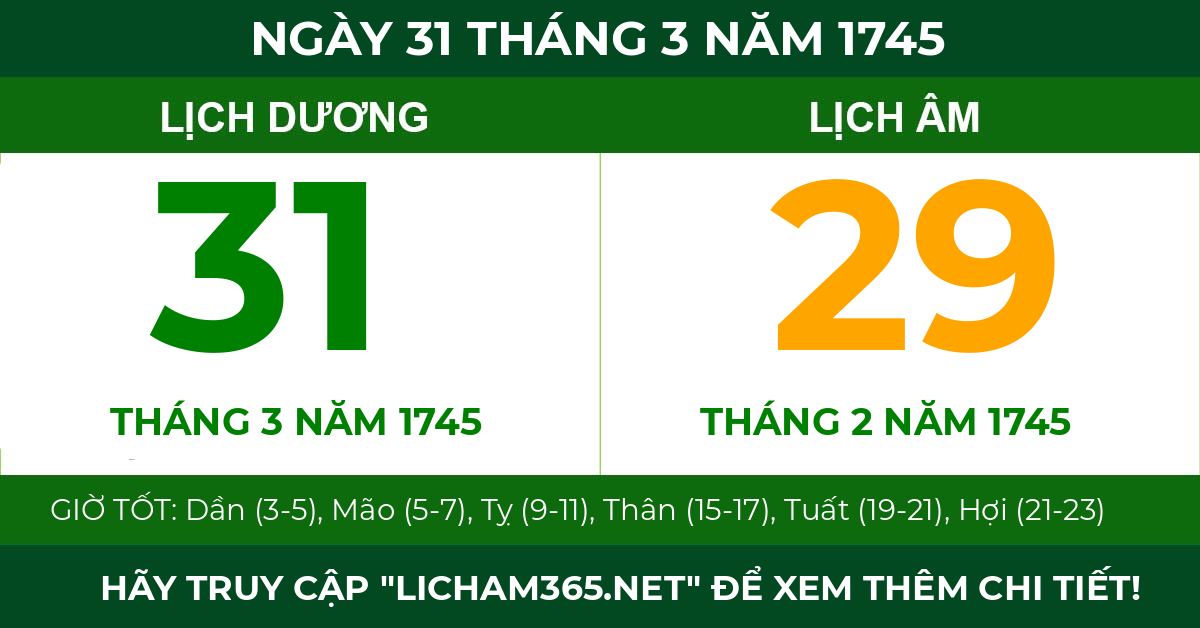 lịch âm ngày 31 tháng 3 năm 1745